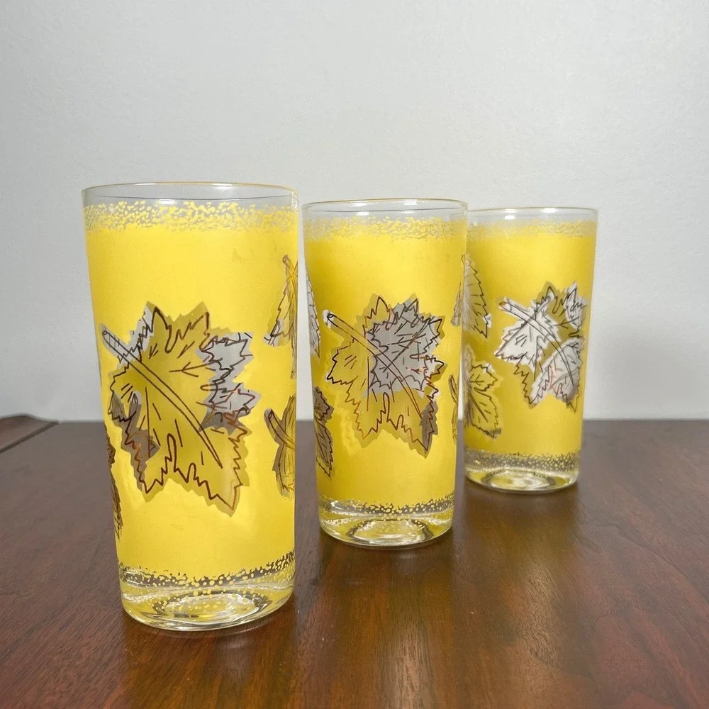 Libbey Glasses Yellow Frosted Highball Copper Leaf MCM Retro Barware THREE 1950s